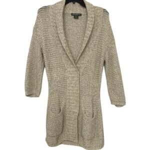 Eddie Bauer Neutral Tan Shawl Collar Cotton Blend Knit Long Cardigan Layering M